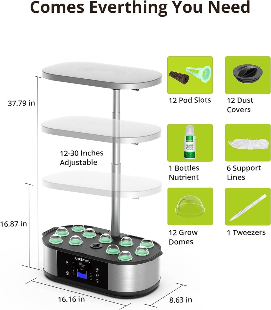 JustSmart 12 Pods Hydroponics Growing System with 5L Water Tank, Indoor Herb Garden with 30W LED Grow Light, Smart Garden Germination Kit w/ 3.5 Display Screen, Up to 30 Height, Silent Pump System JustSmart 12 Pods Hydroponics Growing System with 5L Water Tank, Indoor Herb Garden with 30W LED Grow Light, Smart Garden Germination Kit w/ 3.5 Display Screen, Up to 30 Height, Silent Pump System