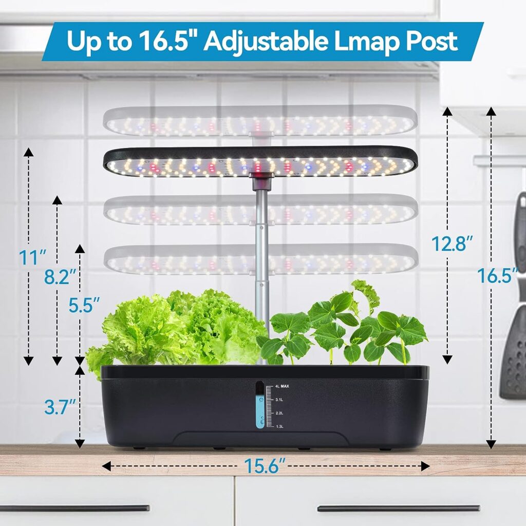 KioGro Hydroponics Growing System, 12 Pods Herb Garden Kit Indoor with 139 LED Grow Lights Gardening System, Automatic Timer, Height Adjustable, 4L Water Tank for Home - Black (Black)