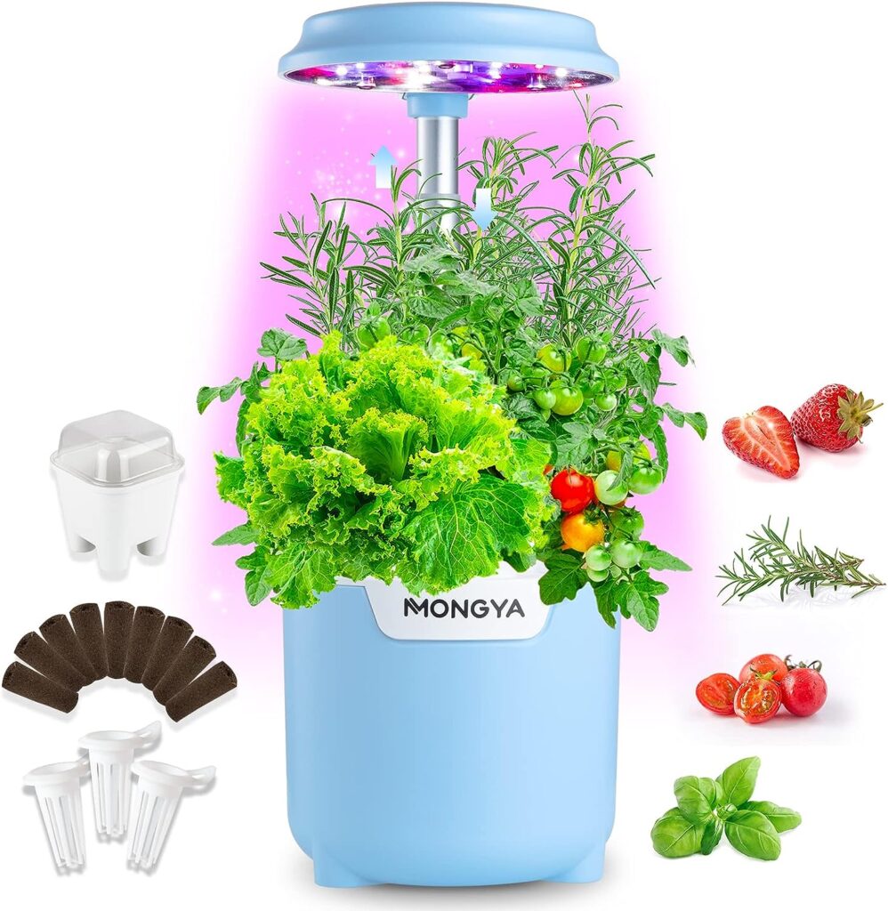 Hydroponics Growing System, Indoor Herb Garden for Home Kitchen Office, Plants Germination Kit with 0.9L Water Tank, Herb Garden with 8.5W LED Grow Lights, Silent Water Pump for Home Kitchen Office