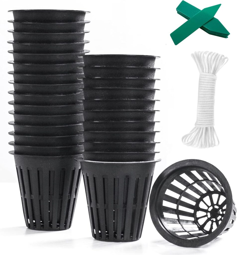 ORIMERC 30 Pack 2 inch Net Cup Pots with 12 feet Hydroponic Self Watering Wick  12 Plant Labels Aquaponics Bucket Insert Kratky Vegetable Gardening Growing Netted Baskets Slotted Mesh Round Black
