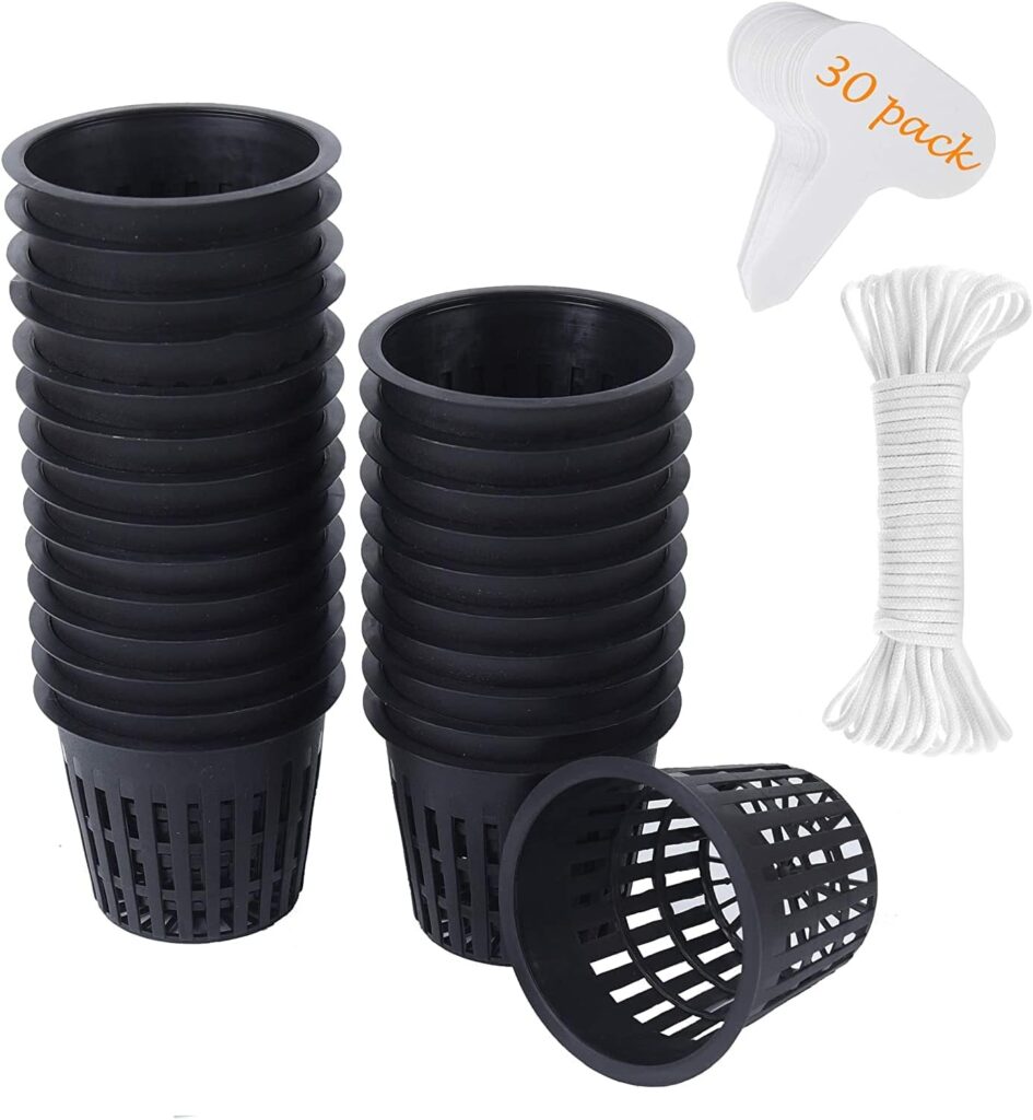 ORIMERC 30 Pack 2 inch Net Cup Pots with 12 feet Hydroponic Self Watering Wick  12 Plant Labels Aquaponics Bucket Insert Kratky Vegetable Gardening Growing Netted Baskets Slotted Mesh Round Black