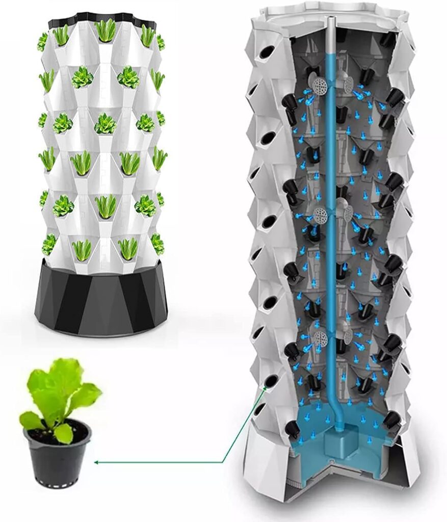 CAYBE Hydroponic System, Garden Tower 6 Floors Aeroponics Growing Kit For Herbs, Fruits And Vegetables With Hydrating Pump, Timer, Adapter, Seeding Bed  Net Pots