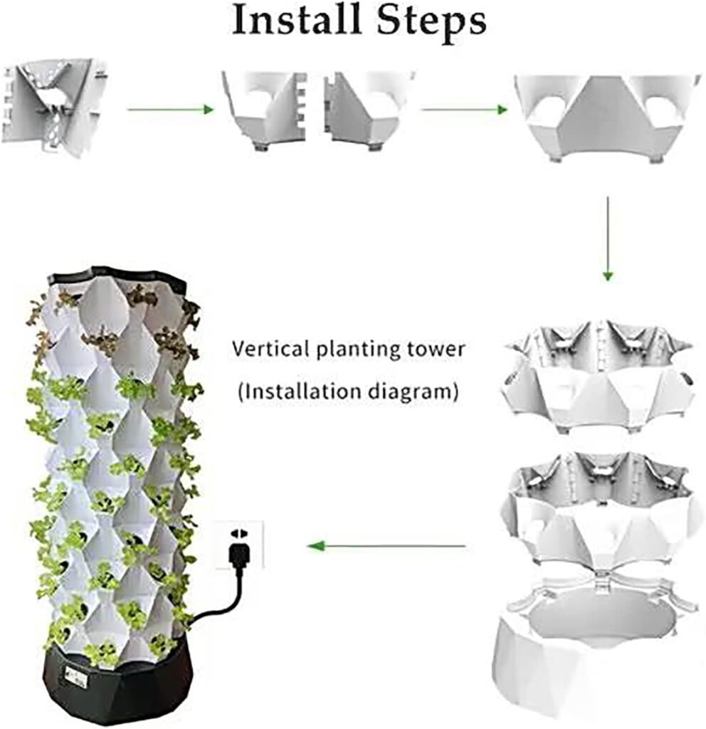CAYBE Hydroponic System, Garden Tower 6 Floors Aeroponics Growing Kit For Herbs, Fruits And Vegetables With Hydrating Pump, Timer, Adapter, Seeding Bed  Net Pots