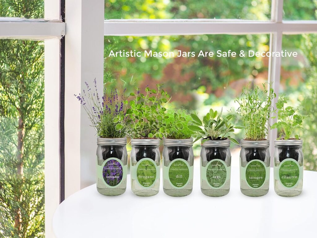 Environet Hydroponic Herb Growing Kit Set, Self-Watering Mason Jar Herb Garden Starter Kit Indoor, Grow Your Own Herbs from Seeds (Rosemary, Lavender, Oregano)
