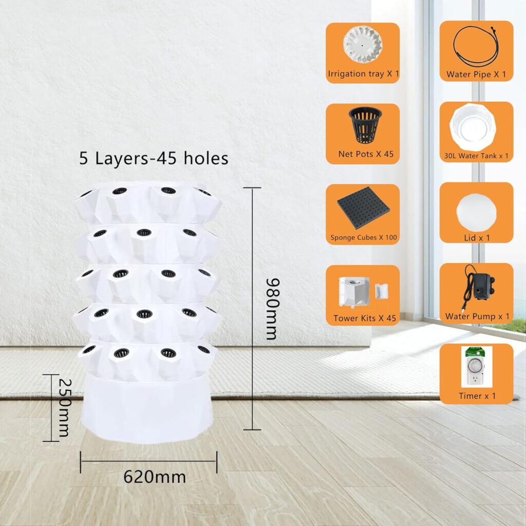 Hydroponic Growing System Indoor Garden,Hydroponics Tower for Strawberry Vegetable Herbs Fruit,Vertical Garden Planter with Hydrating Pump, Timer, Adapter, Seeding Bed  Net Pots (81 Pots)