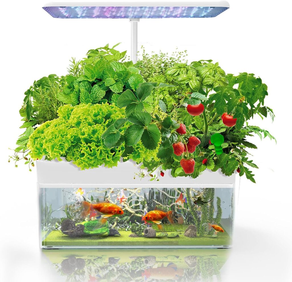 Hydroponics Growing System with Aquaponic Fish Tank, 12 Pods Indoor Herb Garden System, Automatic Timer for 3 Growing Modes, Herb Garden Kit with LED Light, Silent Water Pump, Adjustable Height