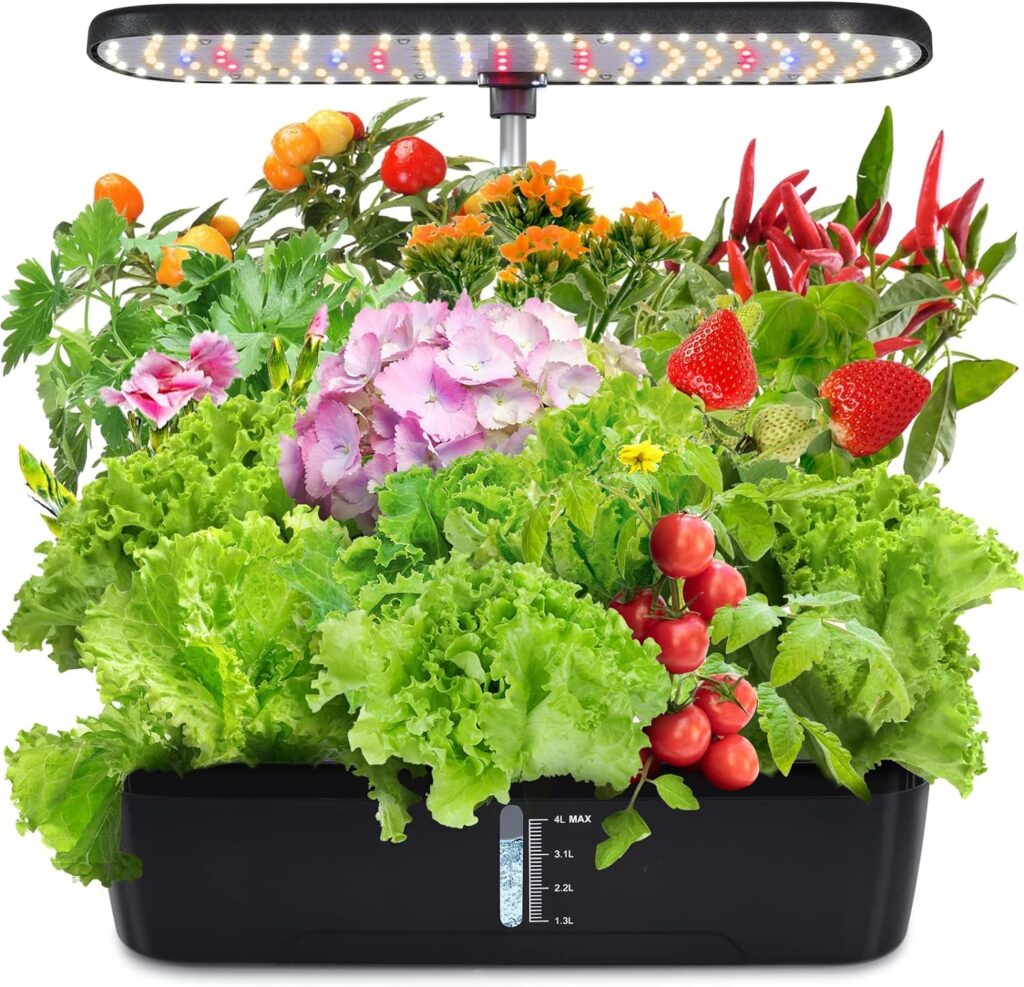 KioGro Hydroponics Growing System, 12 Pods Herb Garden Kit Indoor with 139 LED Grow Lights Gardening System, Automatic Timer, Height Adjustable, 4L Water Tank for Home - Black (Black 2)