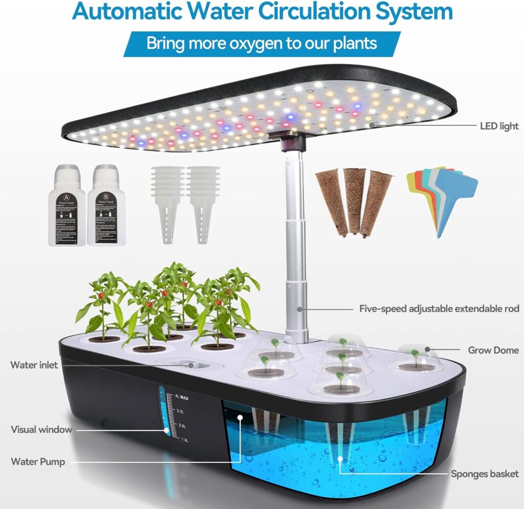 KioGro Hydroponics Growing System, 12 Pods Herb Garden Kit Indoor with 139 LED Grow Lights Gardening System, Automatic Timer, Height Adjustable, 4L Water Tank for Home - Black (Black 2)