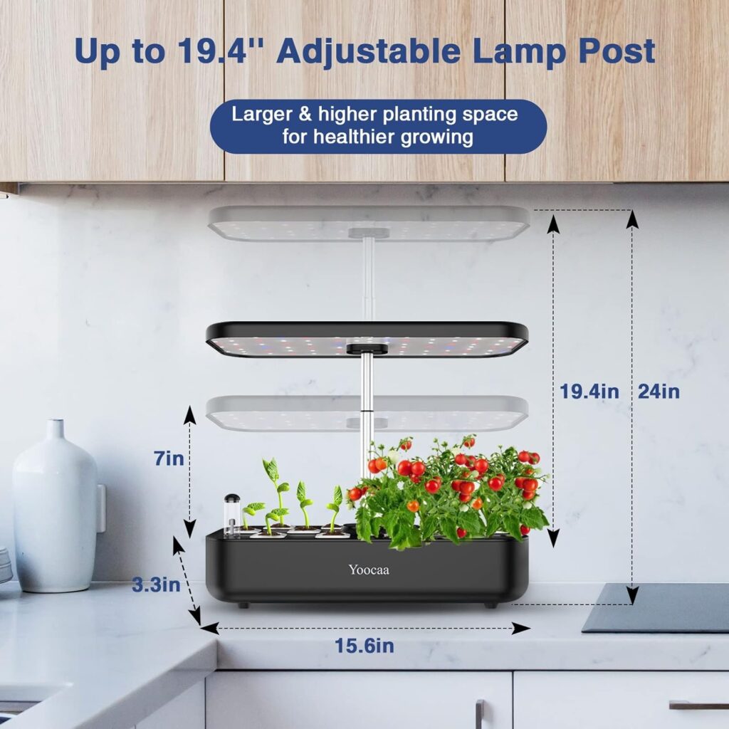 Yoocaa 12 Hydroponics Growing System, 19.4 Height Adjustable Herb Garden with Led, Indoor Gardening System, Gardening Gifts for Women Mom (Grey)