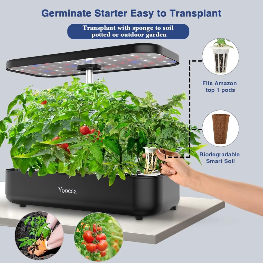 Yoocaa 12 Hydroponics Growing System, 19.4 Height Adjustable Herb Garden with Led, Indoor Gardening System, Gardening Gifts for Women Mom (Grey)